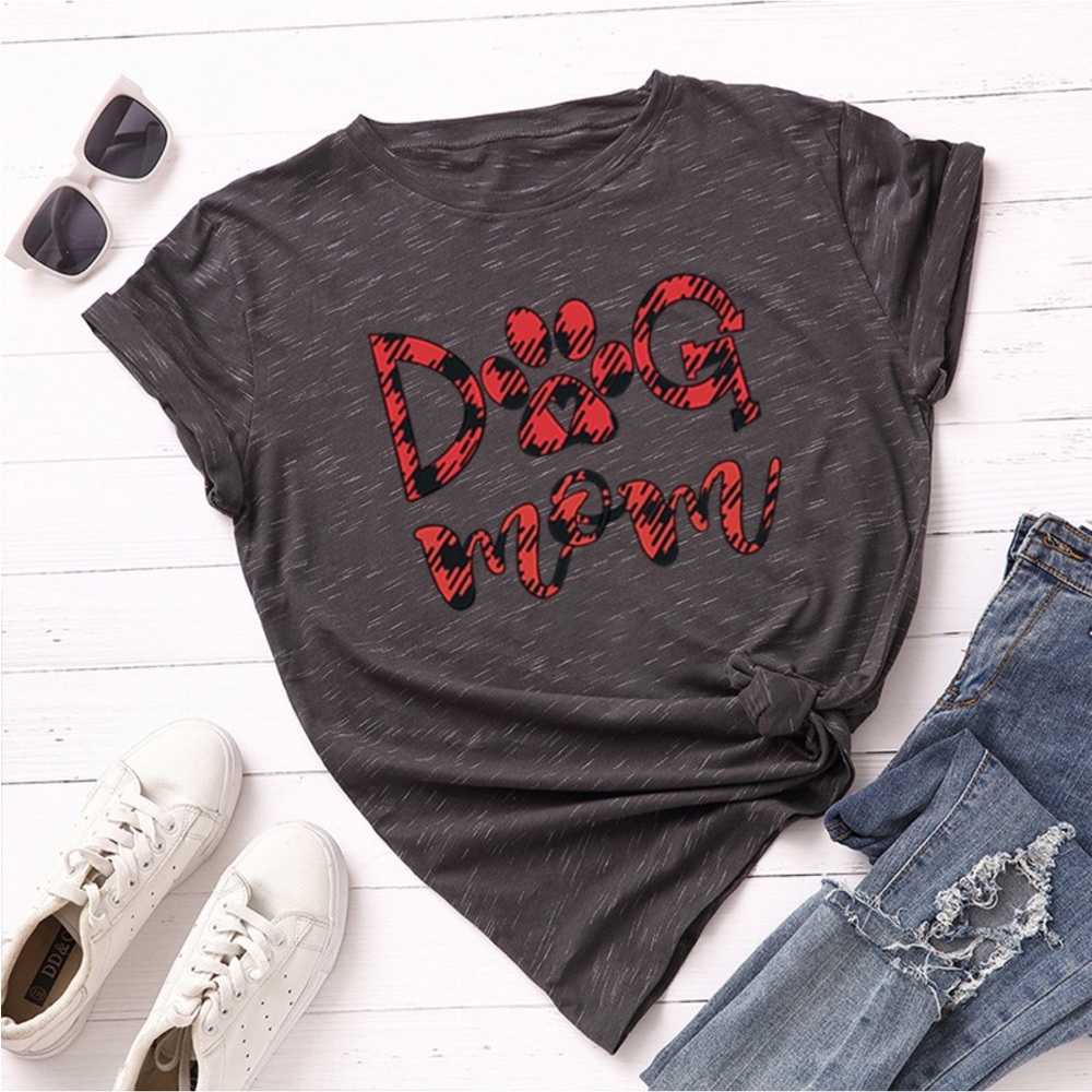 NWT DOG MOM PRINT T-SHIRT-METEOR GRAY- CREWNECK-LOOSE FIT WOMENS SIZE LARGE